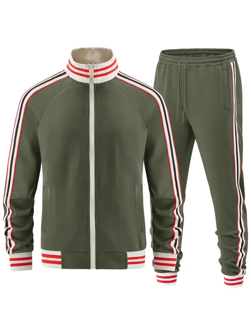 Men's Striped Tracksuit Set - Stand-Up Collar Pull Over and Sports Pants for Activewear
