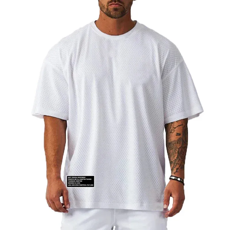 Mesh Oversized Half Sleeve Men's Fitness T-Shirt - Streetwear Hip Hop Loose Sportswear, Gym Clothing Bodybuilding Tee