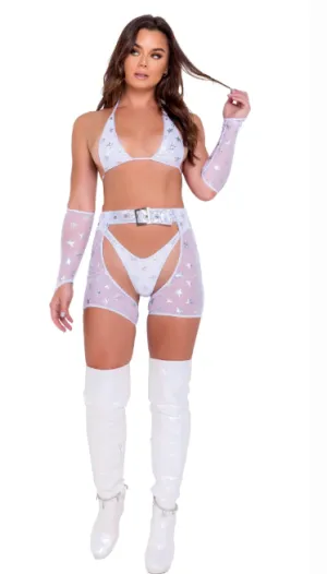 Mesh with Stars Print Chaps With Belt - 6083 White