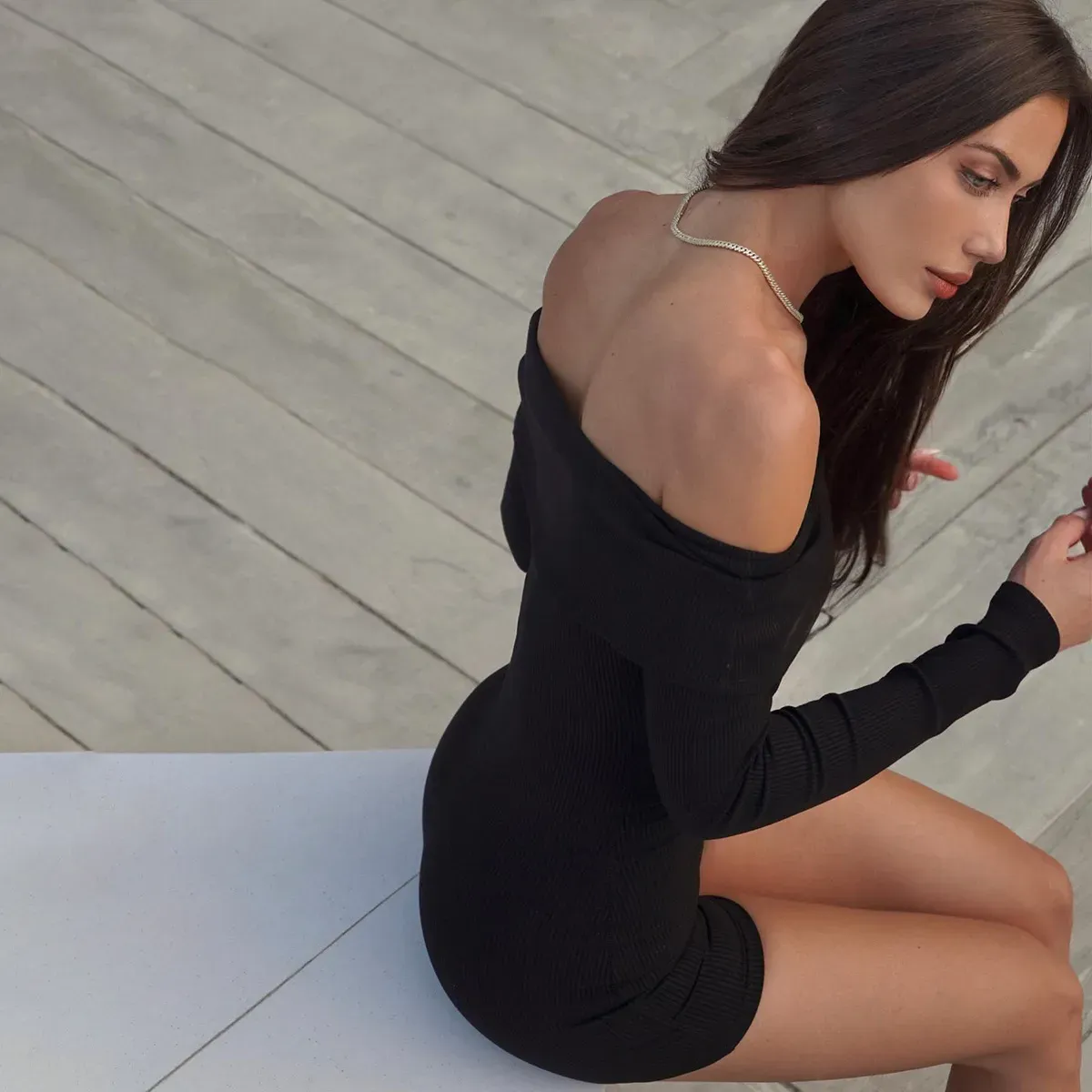 Midnight Charm Off-Shoulder Ribbed Romper