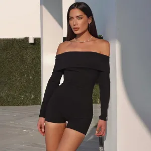 Midnight Charm Off-Shoulder Ribbed Romper