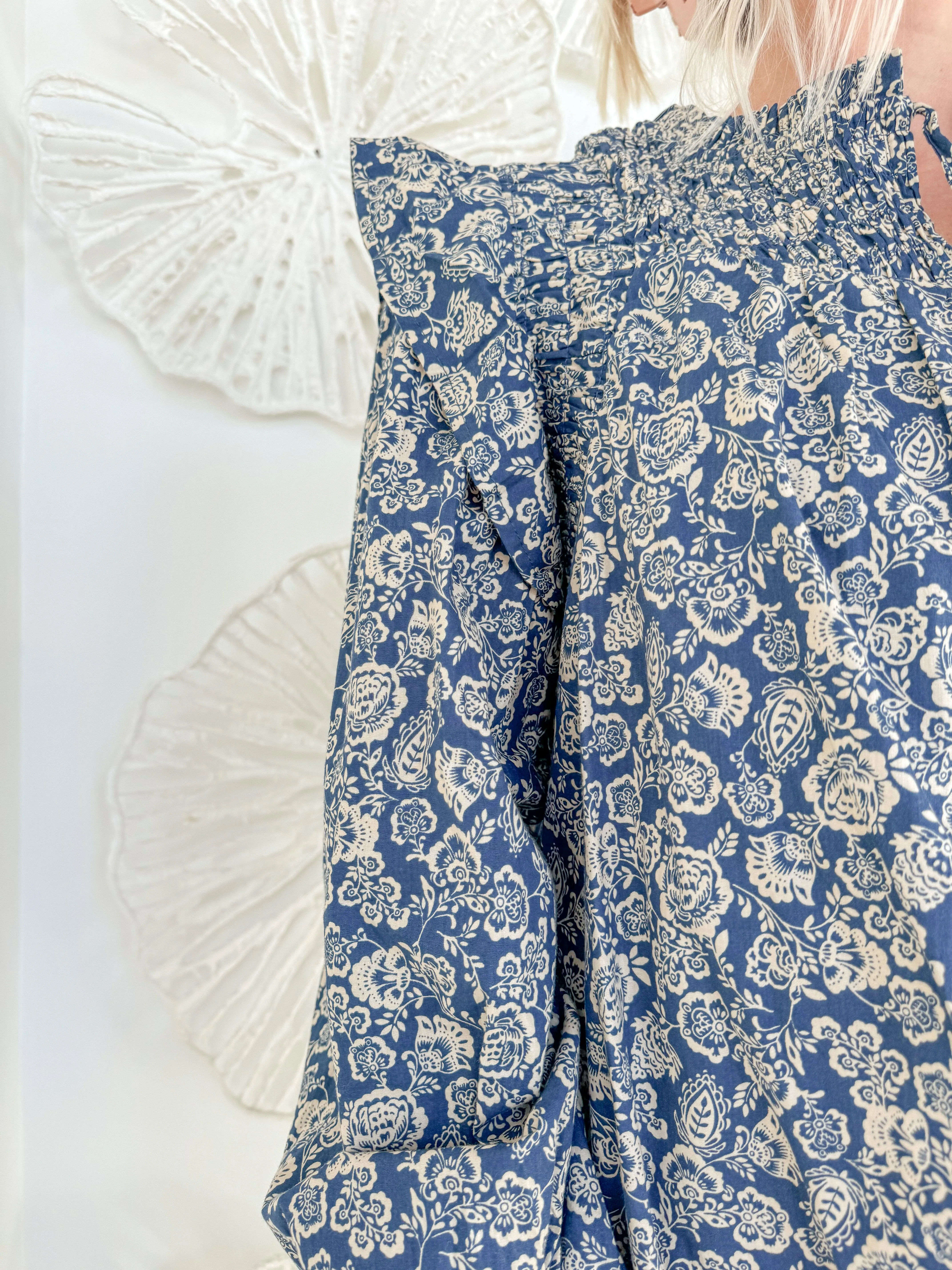 Navy Floral Print Long Sleeve Blouse