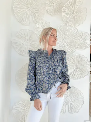 Navy Floral Print Long Sleeve Blouse
