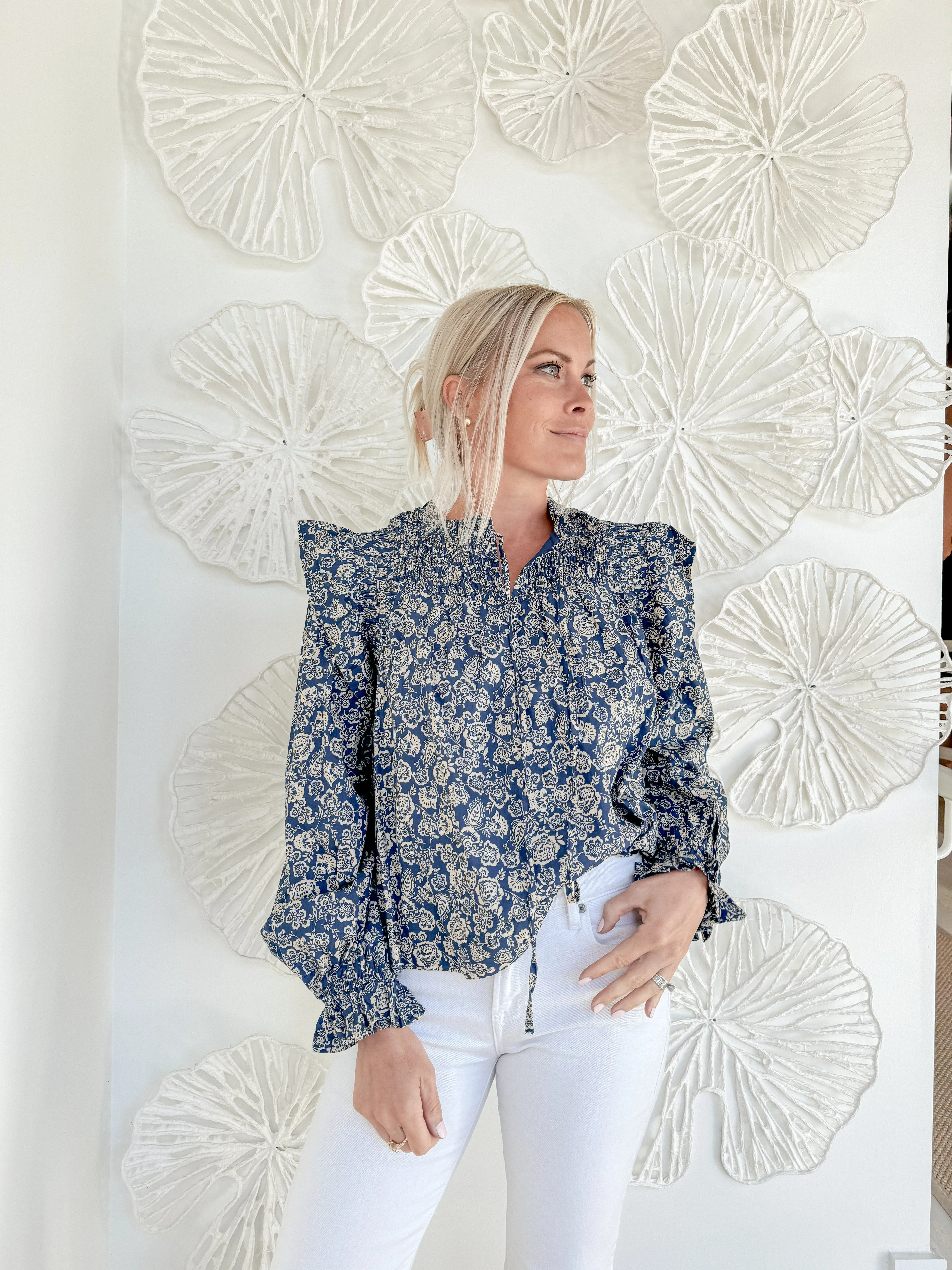 Navy Floral Print Long Sleeve Blouse