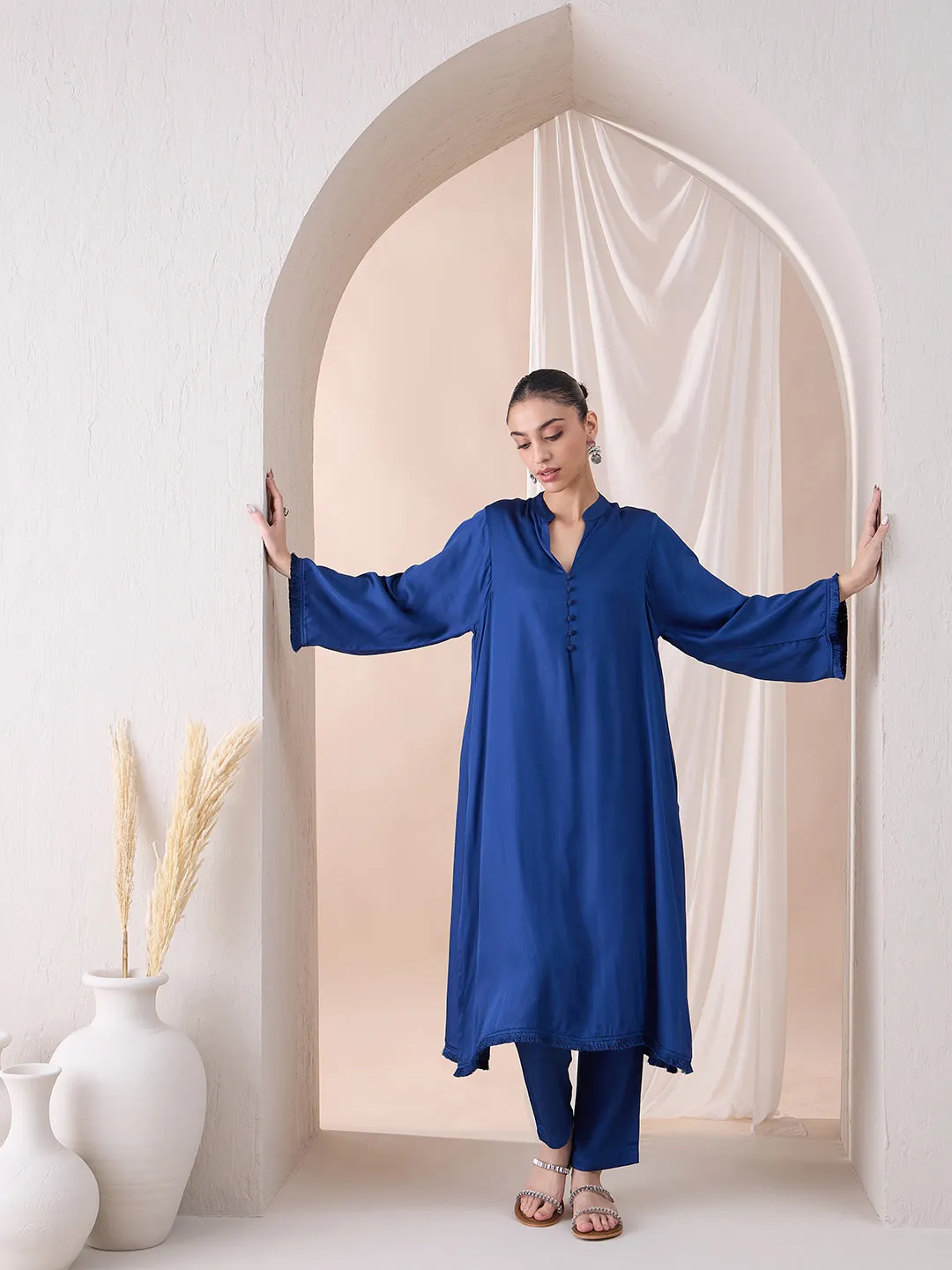 Navy Fringe Lace Detailing Long Kurta With Straight Pant