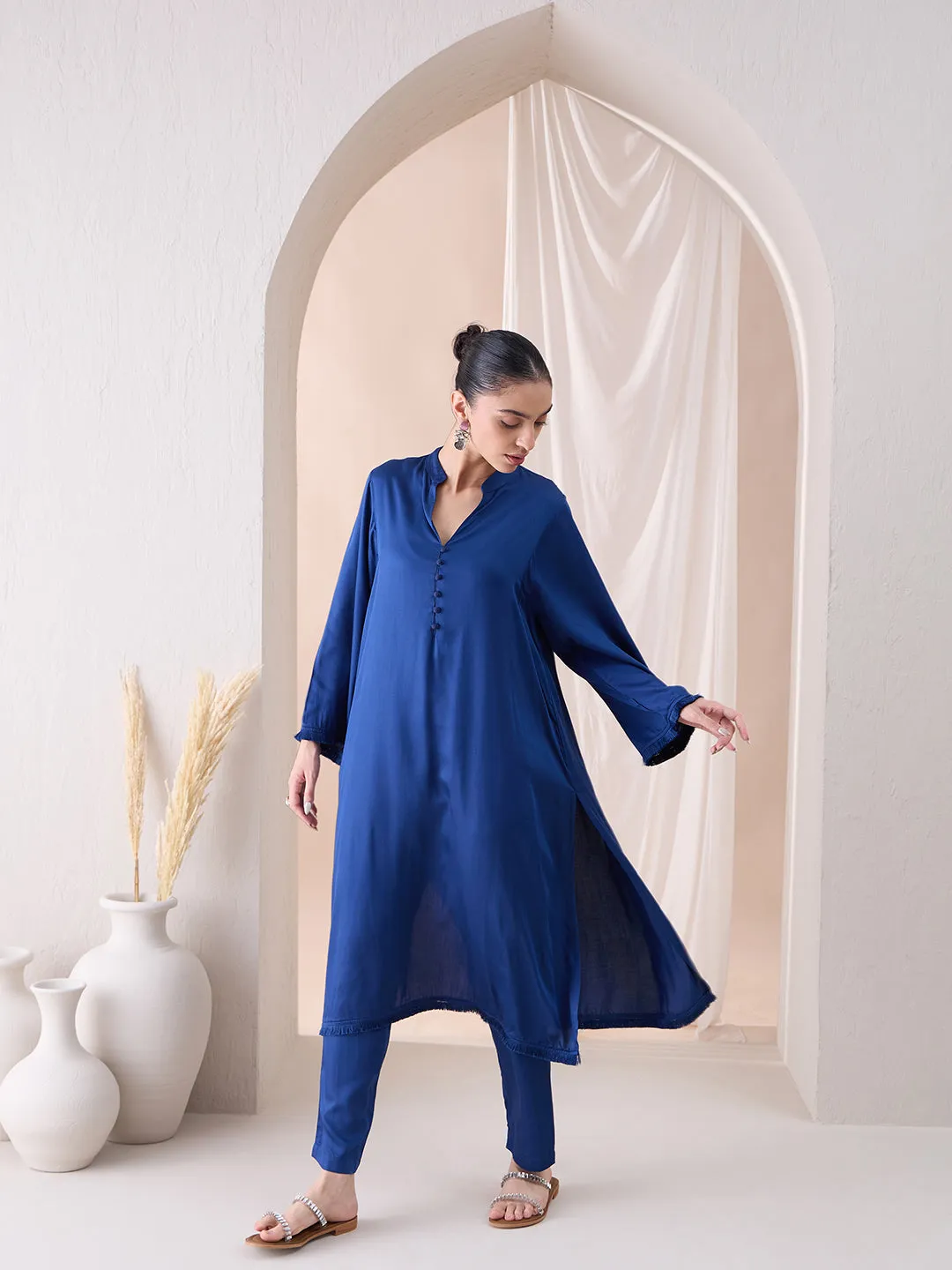 Navy Fringe Lace Detailing Long Kurta With Straight Pant
