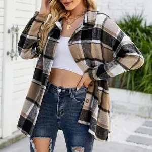 New Oversized Button down Plaid Shirt for Women Winter Plus Size Plaid Coat Loose Fit Shirts Shacket Sz S