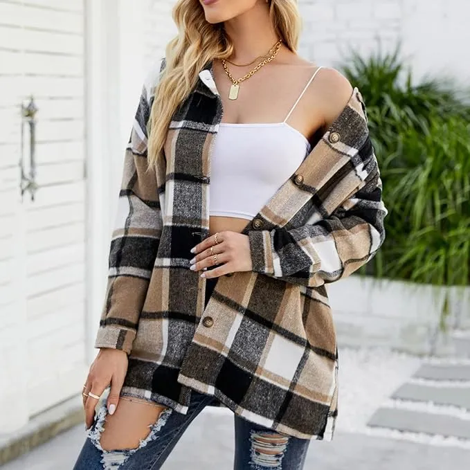 New Oversized Button down Plaid Shirt for Women Winter Plus Size Plaid Coat Loose Fit Shirts Shacket Sz S