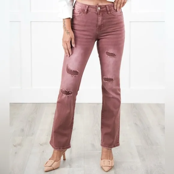 New Vervet High Rise Dark Mauve DistressedBootcut Jeans