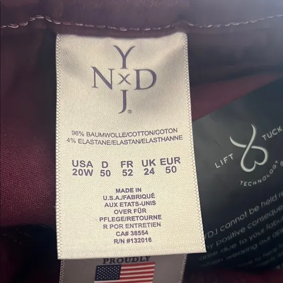 NYDJ Barbara Bootcut High Rise Burgundy Color Jeans Size 20W NWT