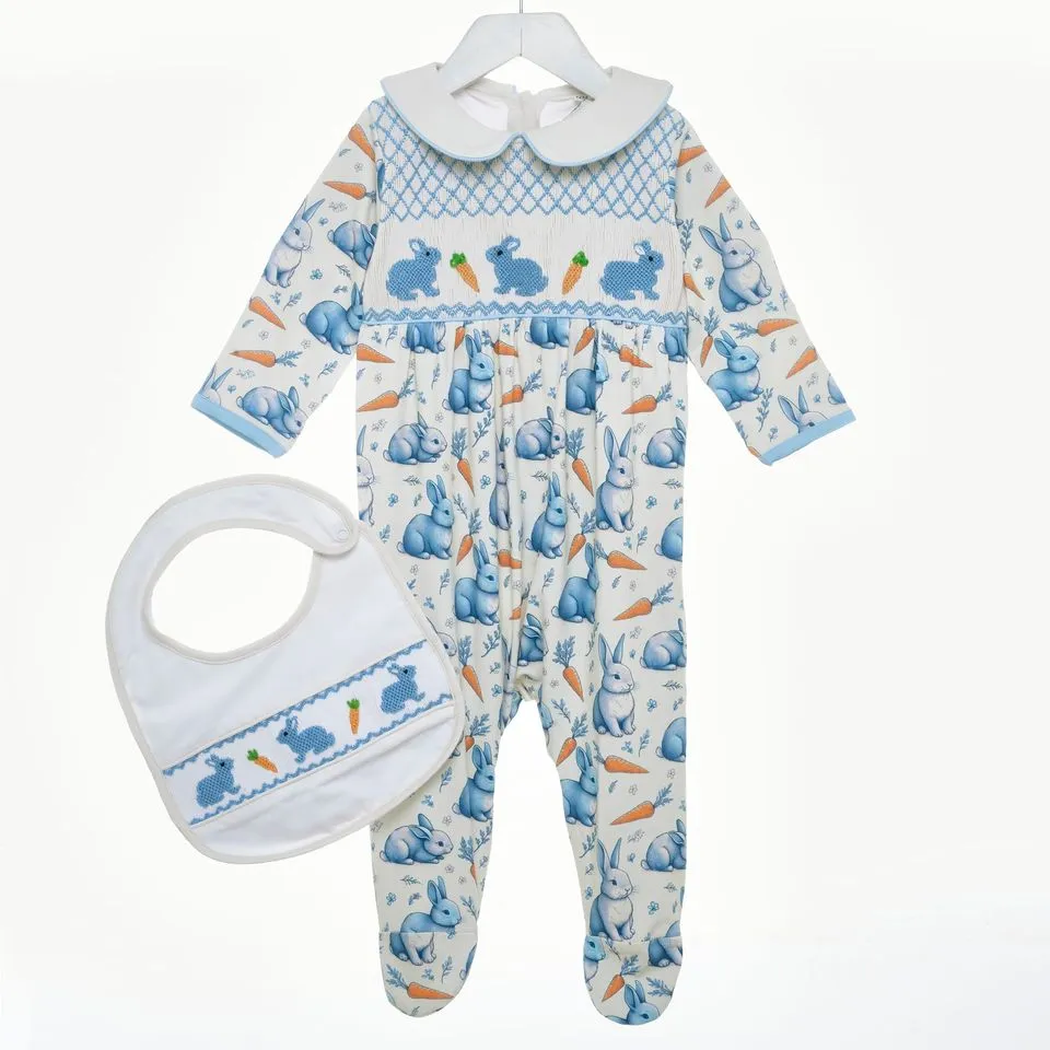 Ocean Baby Boys Cream Smocked Bunny Print Sleepsuit & Bib Set (NB-12M)