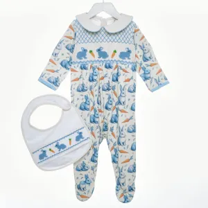 Ocean Baby Boys Cream Smocked Bunny Print Sleepsuit & Bib Set (NB-12M)