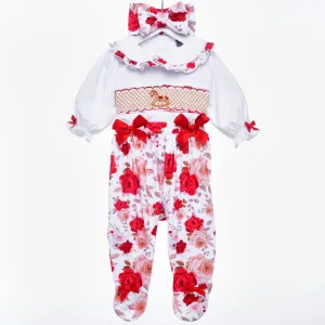 Ocean Baby New Concept Smocked Sleepsuit-Outfit & Headband Set (NB-18M) Rose Rocking Horse