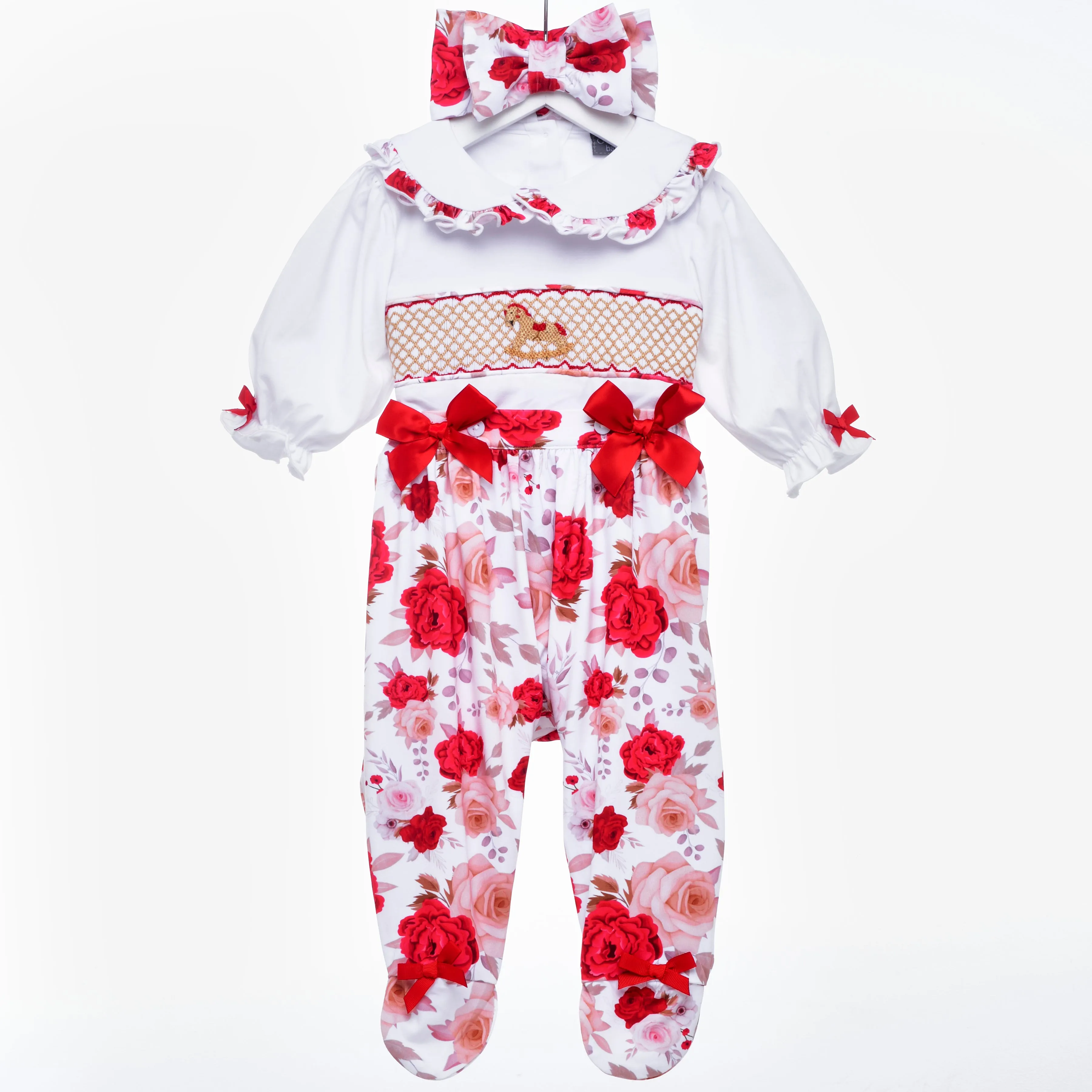 Ocean Baby New Concept Smocked Sleepsuit-Outfit & Headband Set (NB-18M) Rose Rocking Horse