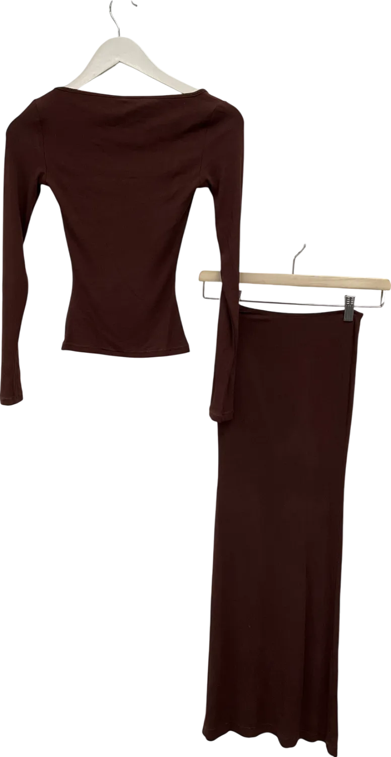Oh Polly Brown Ribbed Modal Mid Rise Maxi Skirt In Chocolate & Top UK XS