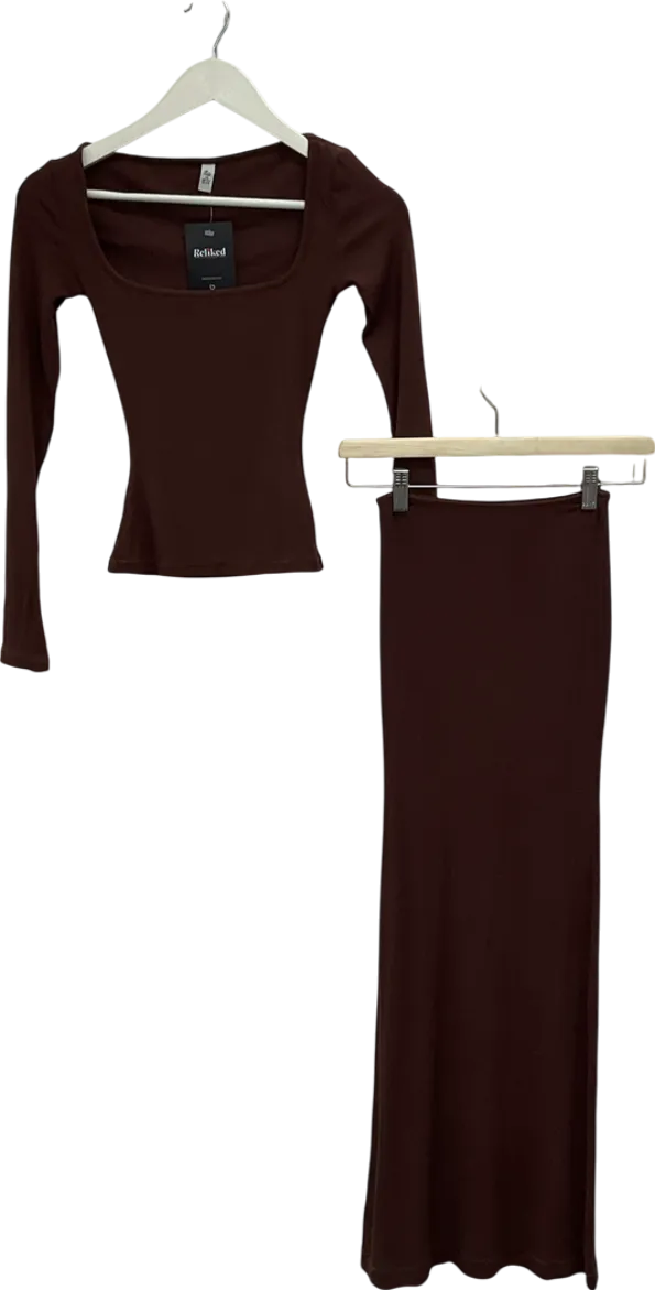 Oh Polly Brown Ribbed Modal Mid Rise Maxi Skirt In Chocolate & Top UK XS