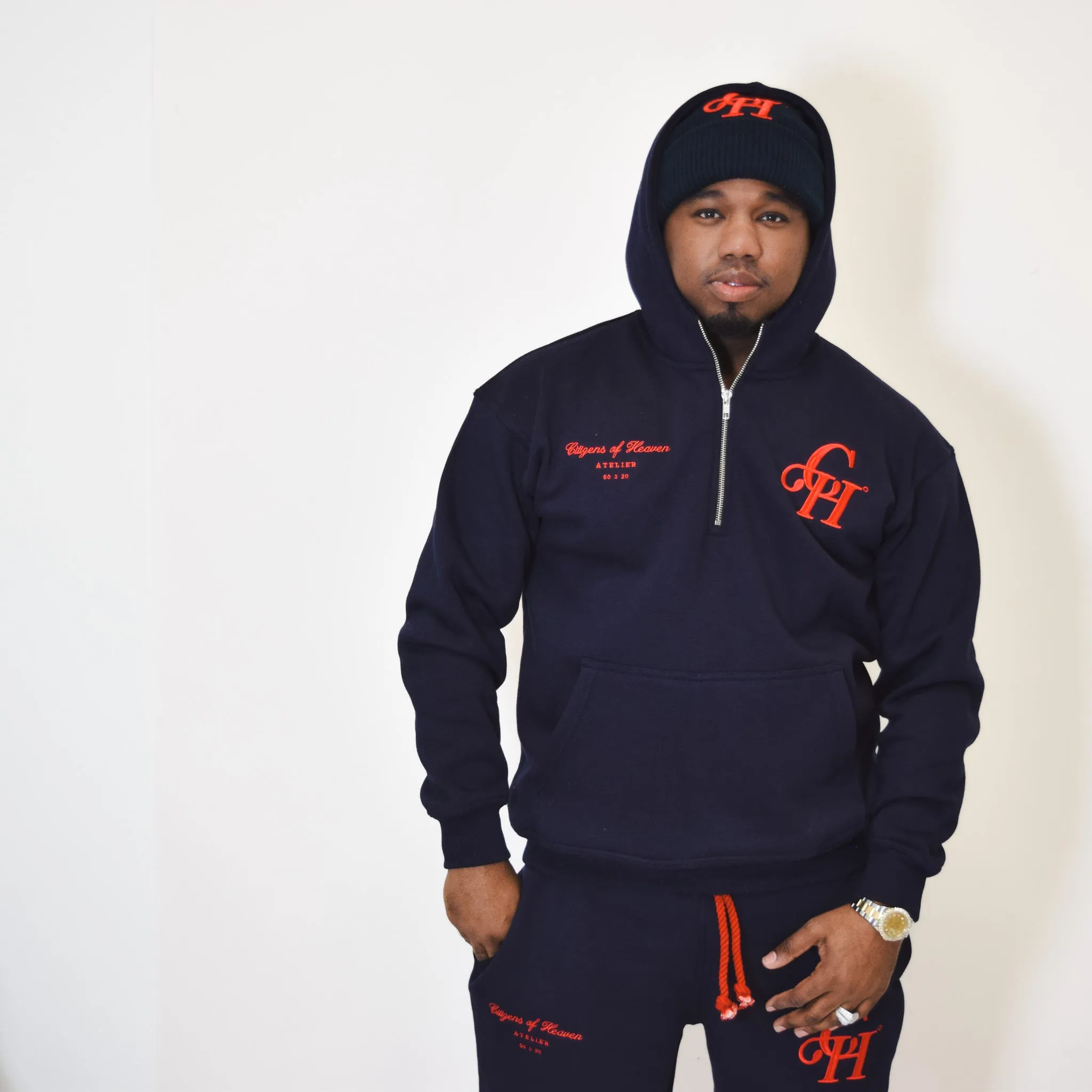 On The Go Half Zip Hooded Sweat Set- Navy
