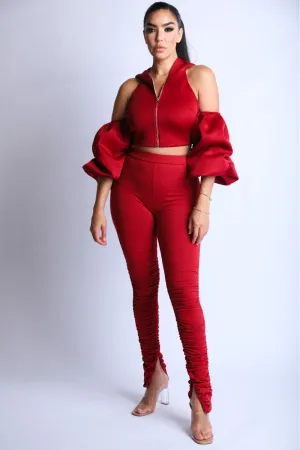 Open Shoulder Puff Sleeve Hoodie Set