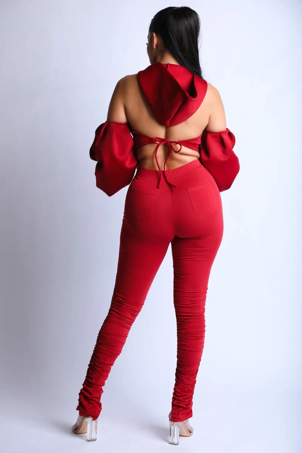 Open Shoulder Puff Sleeve Hoodie Set