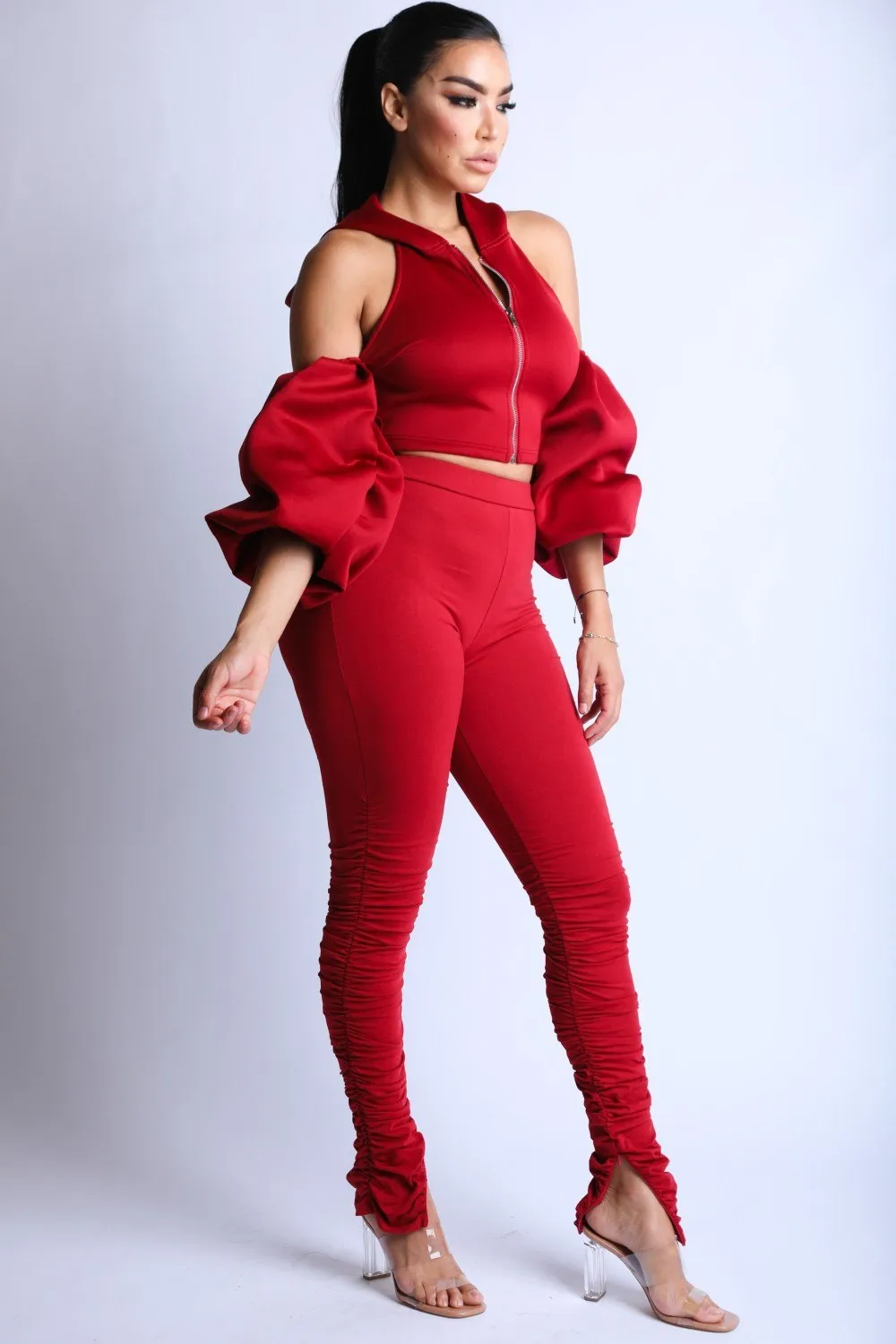 Open Shoulder Puff Sleeve Hoodie Set