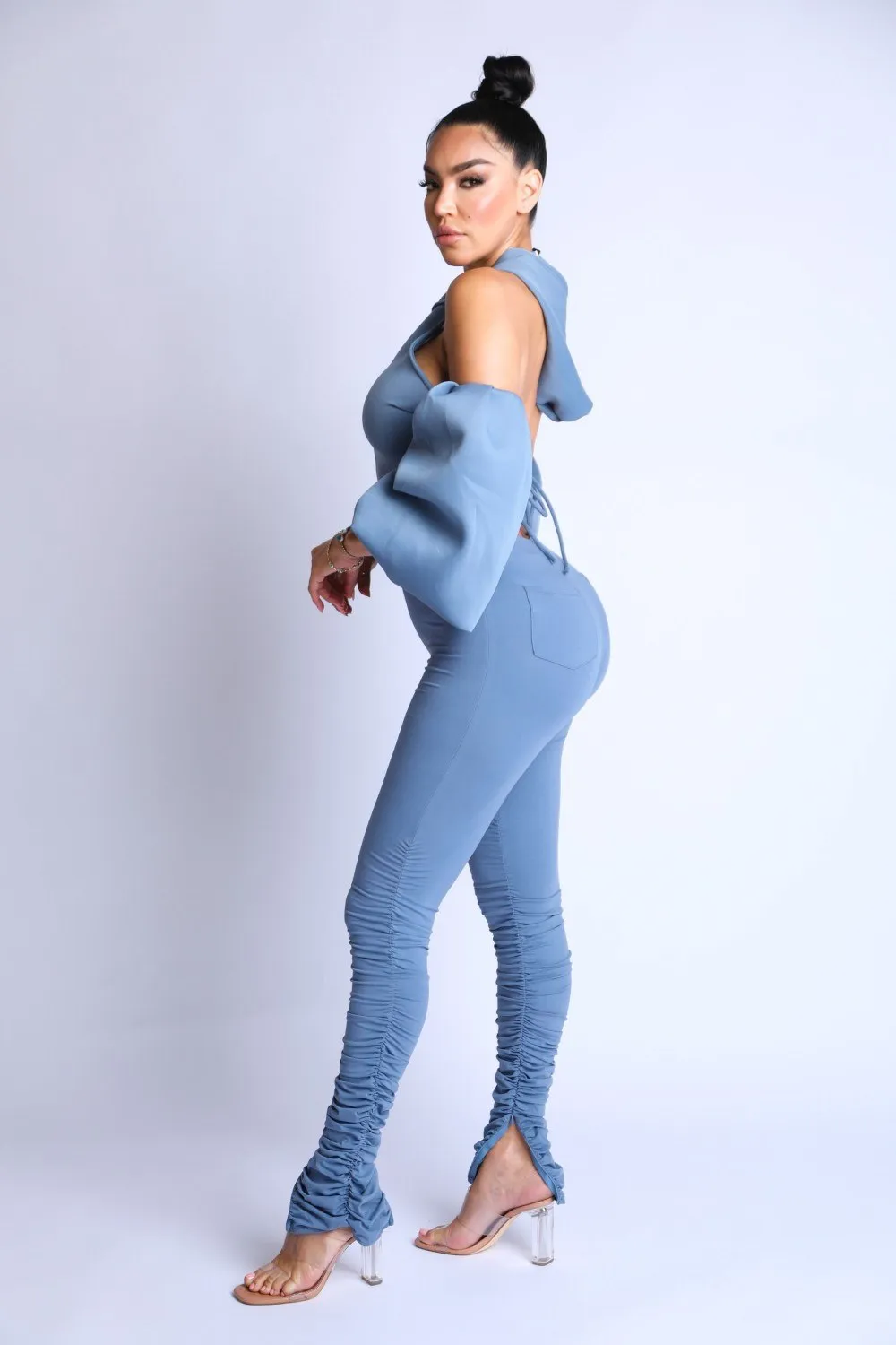 Open Shoulder Puff Sleeve Hoodie Set