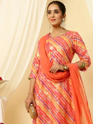 Orange Leheriya Straight Kurta With Palazzo And Dupatta
