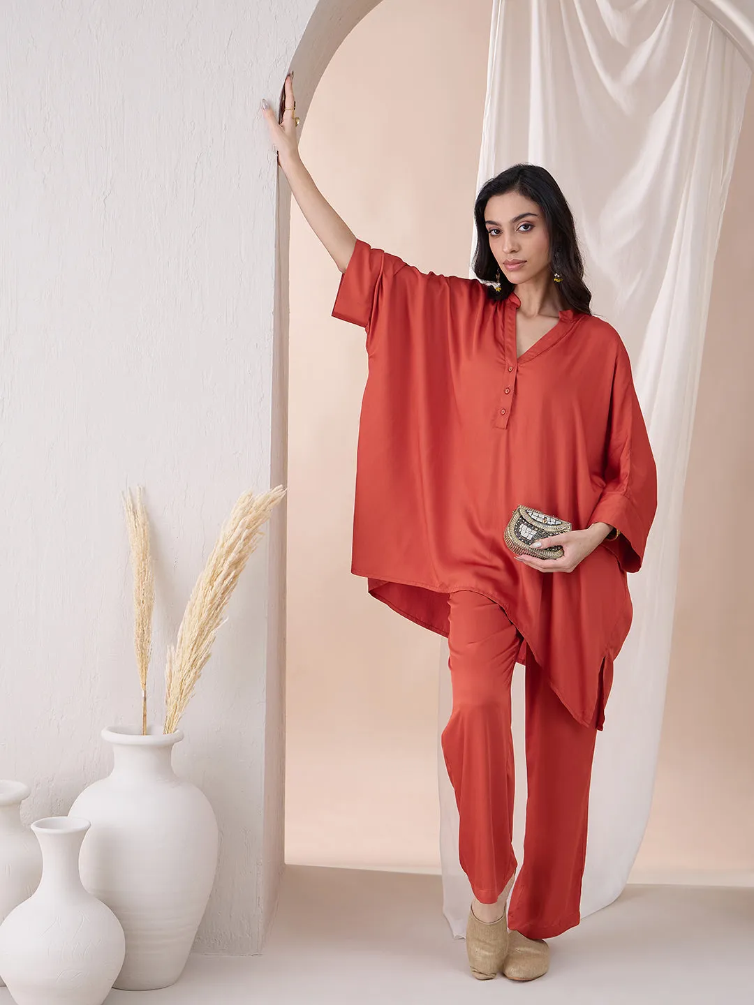 Orange Oversize High Low Tunic With Straight Pant