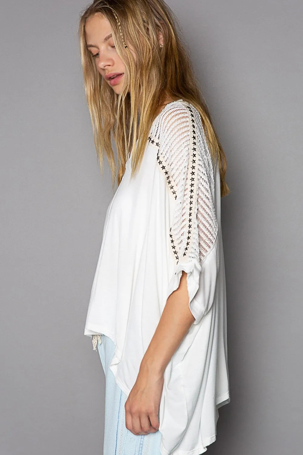 Oversize V Neck Crochet Lace Contrast Studded Top