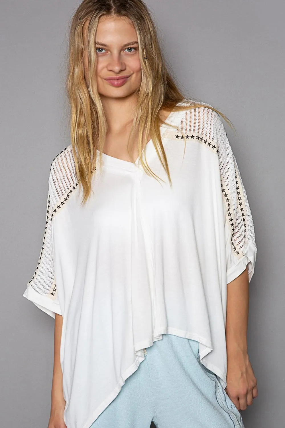 Oversize V Neck Crochet Lace Contrast Studded Top