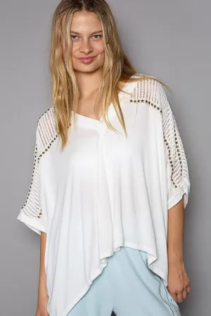 Oversize V Neck Crochet Lace Contrast Studded Top