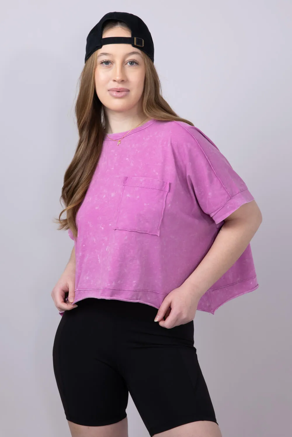 Oversized Cropped Mineral Wash Knit T-Shirt for Women in Orchid | NT11429-ORCHID