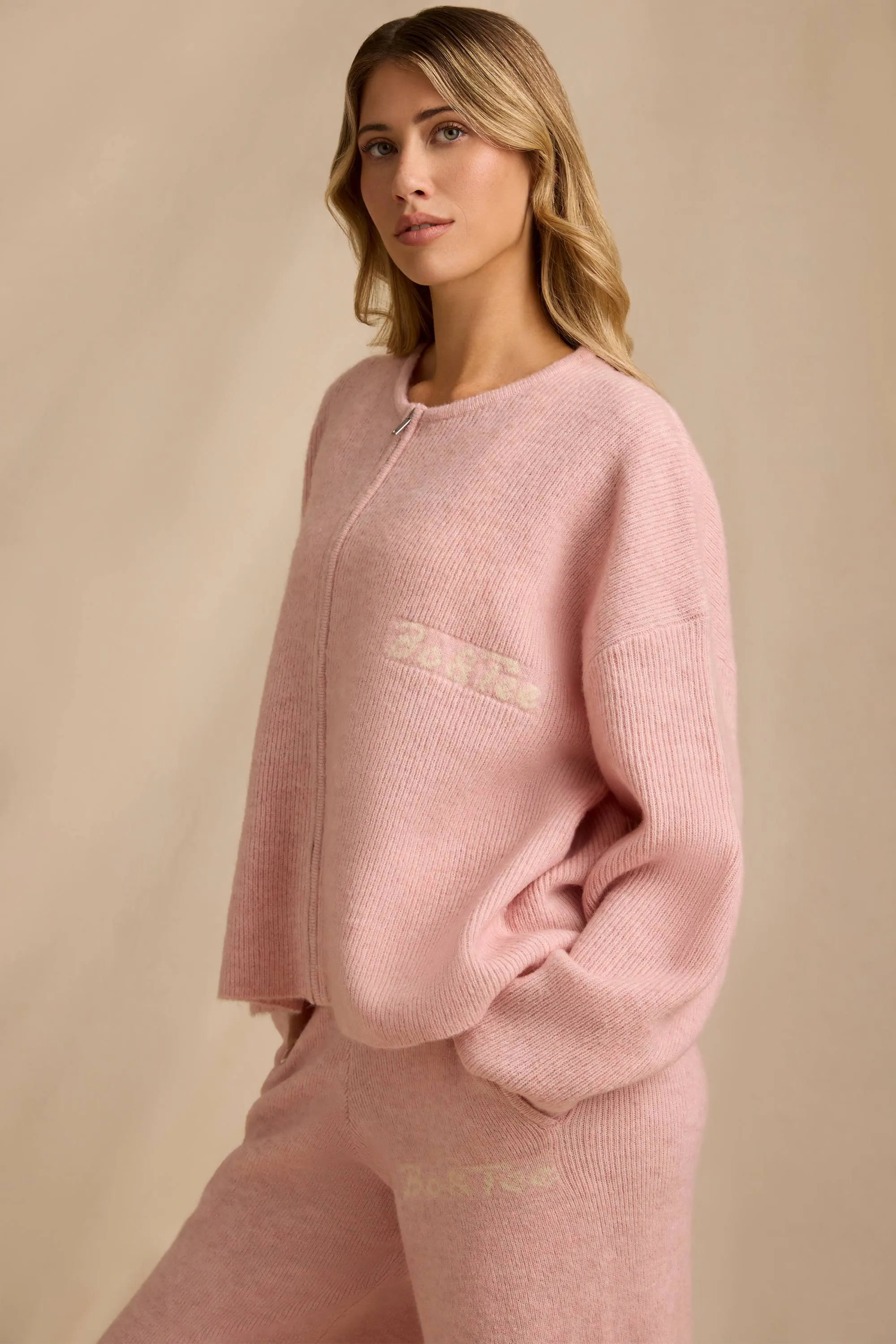 Oversized Zip-Up Cardigan in Blush Pink