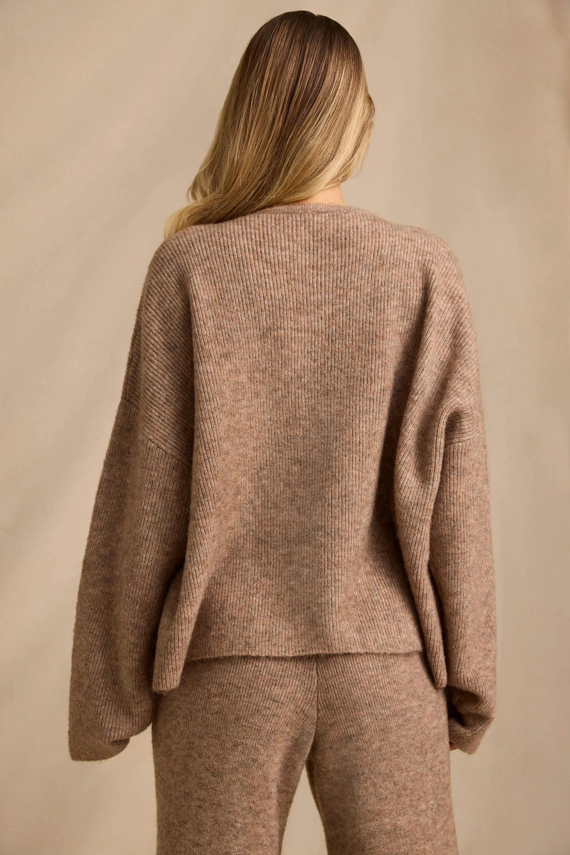 Oversized Zip-Up Cardigan in Brown Marl