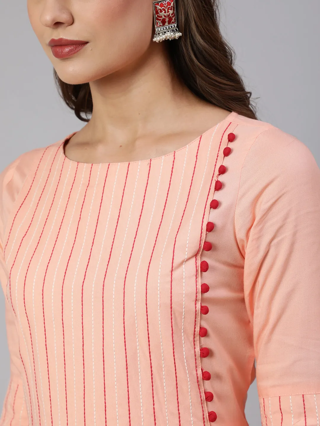 Peach Solid Viscose A-line Embroidered Kurta