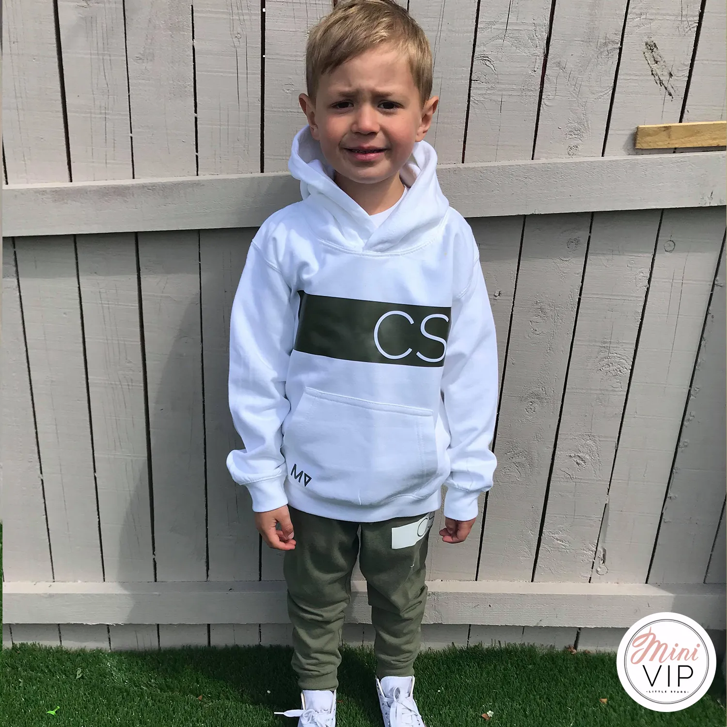 Personalised White hoodie - khaki stripe initials