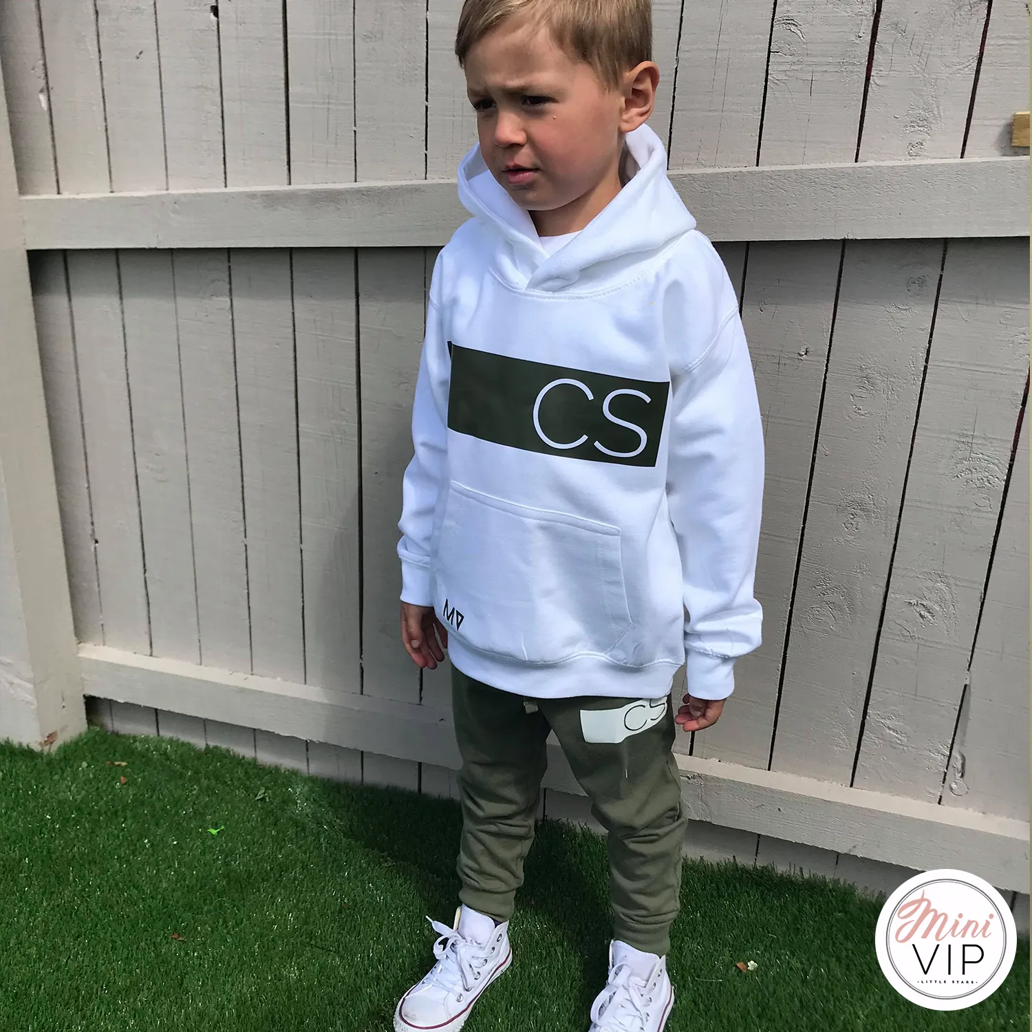 Personalised White hoodie - khaki stripe initials