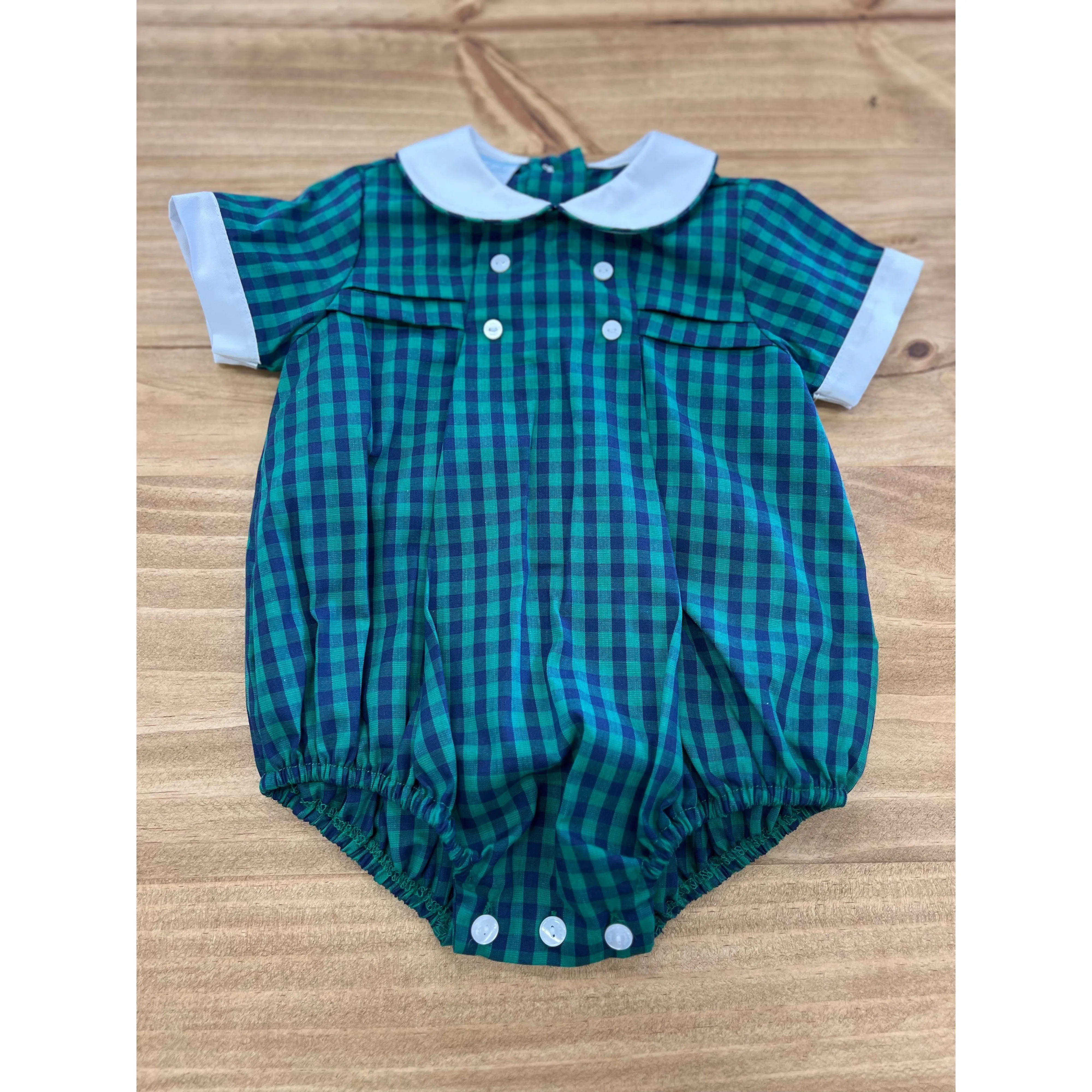 Petit Bebe Green & Navy Gingham Boy's Short Bubble