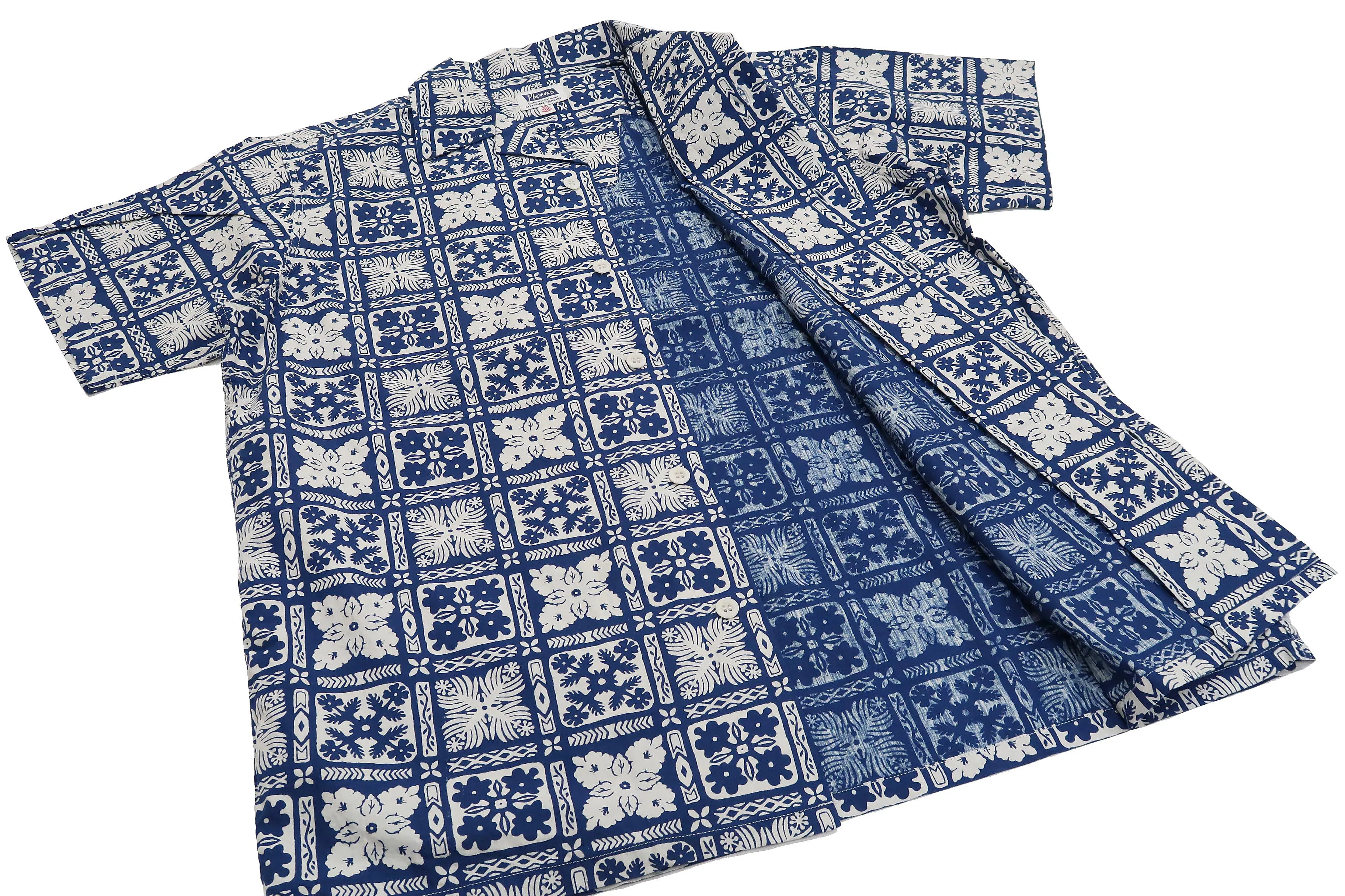 Pherrow's Shirt Men's Short Sleeve Hawaiian Pattern Print Indigo Casual Resort Collar Shirt Pherrows 22S-PIS1