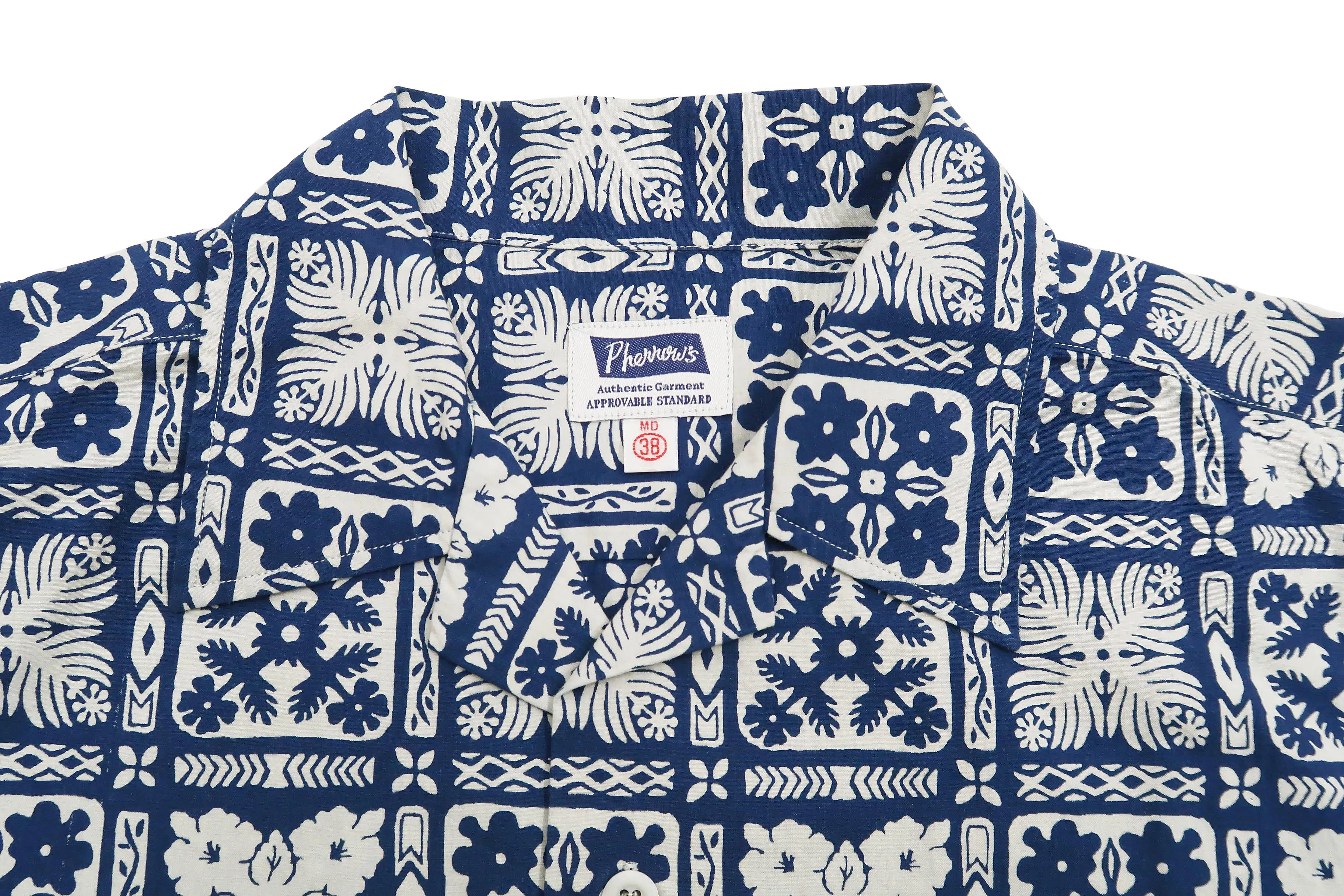 Pherrow's Shirt Men's Short Sleeve Hawaiian Pattern Print Indigo Casual Resort Collar Shirt Pherrows 22S-PIS1