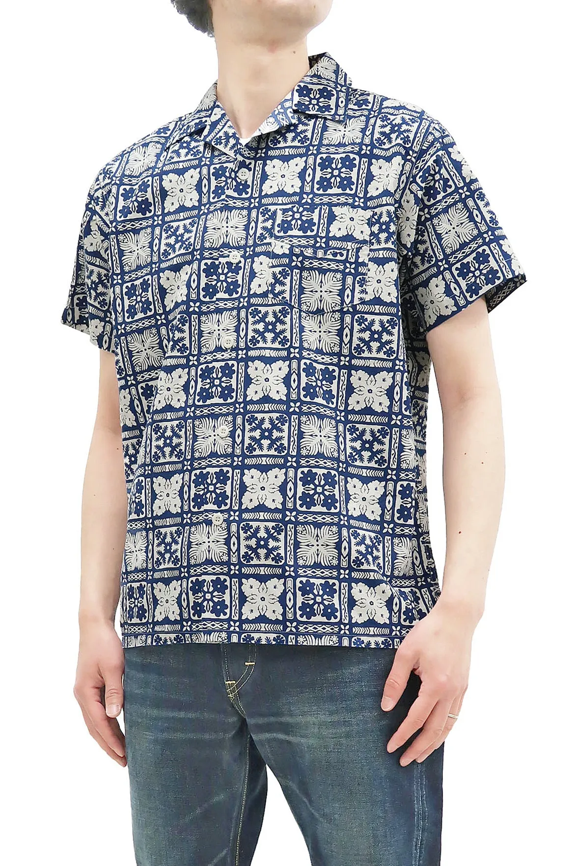 Pherrow's Shirt Men's Short Sleeve Hawaiian Pattern Print Indigo Casual Resort Collar Shirt Pherrows 22S-PIS1