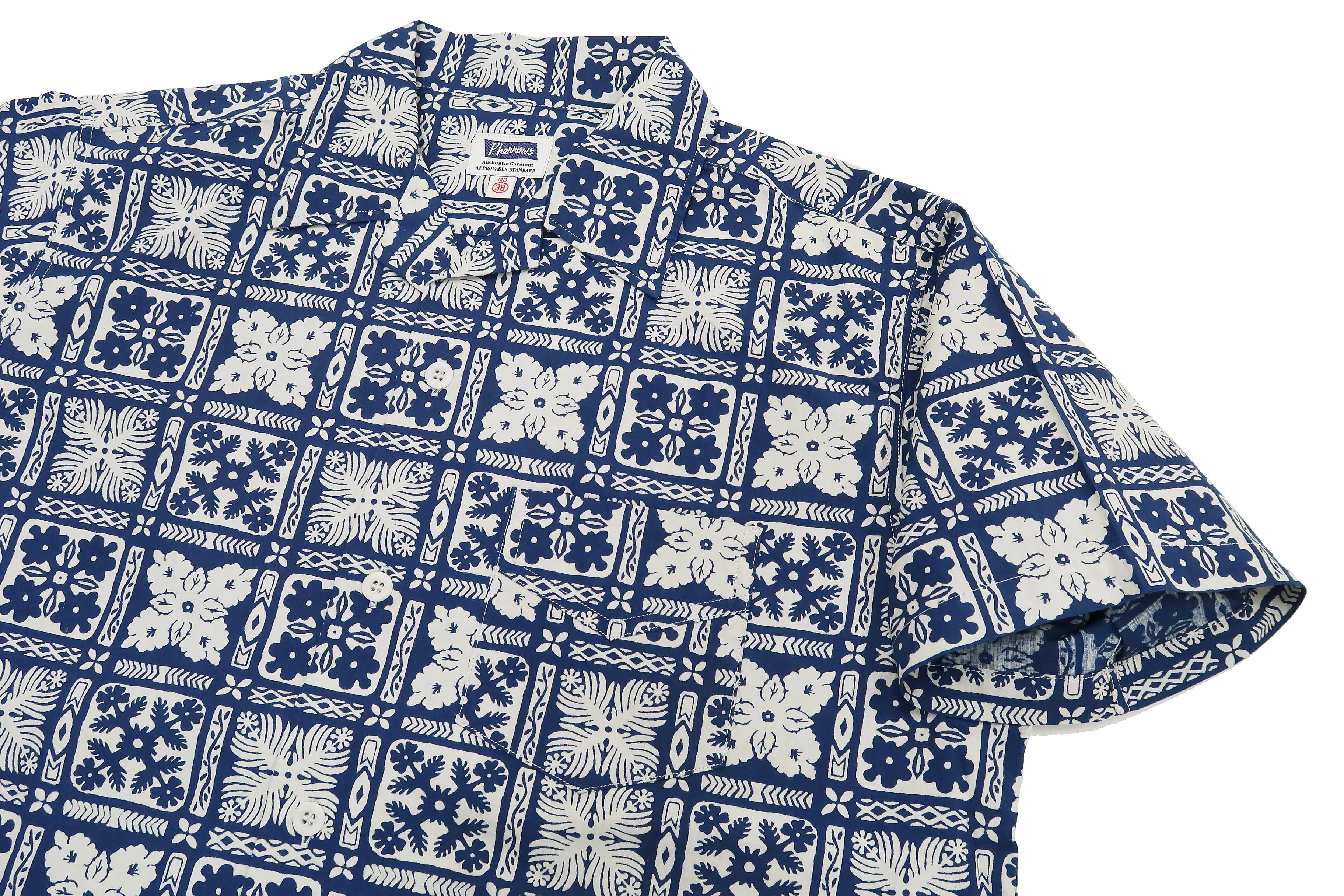 Pherrow's Shirt Men's Short Sleeve Hawaiian Pattern Print Indigo Casual Resort Collar Shirt Pherrows 22S-PIS1