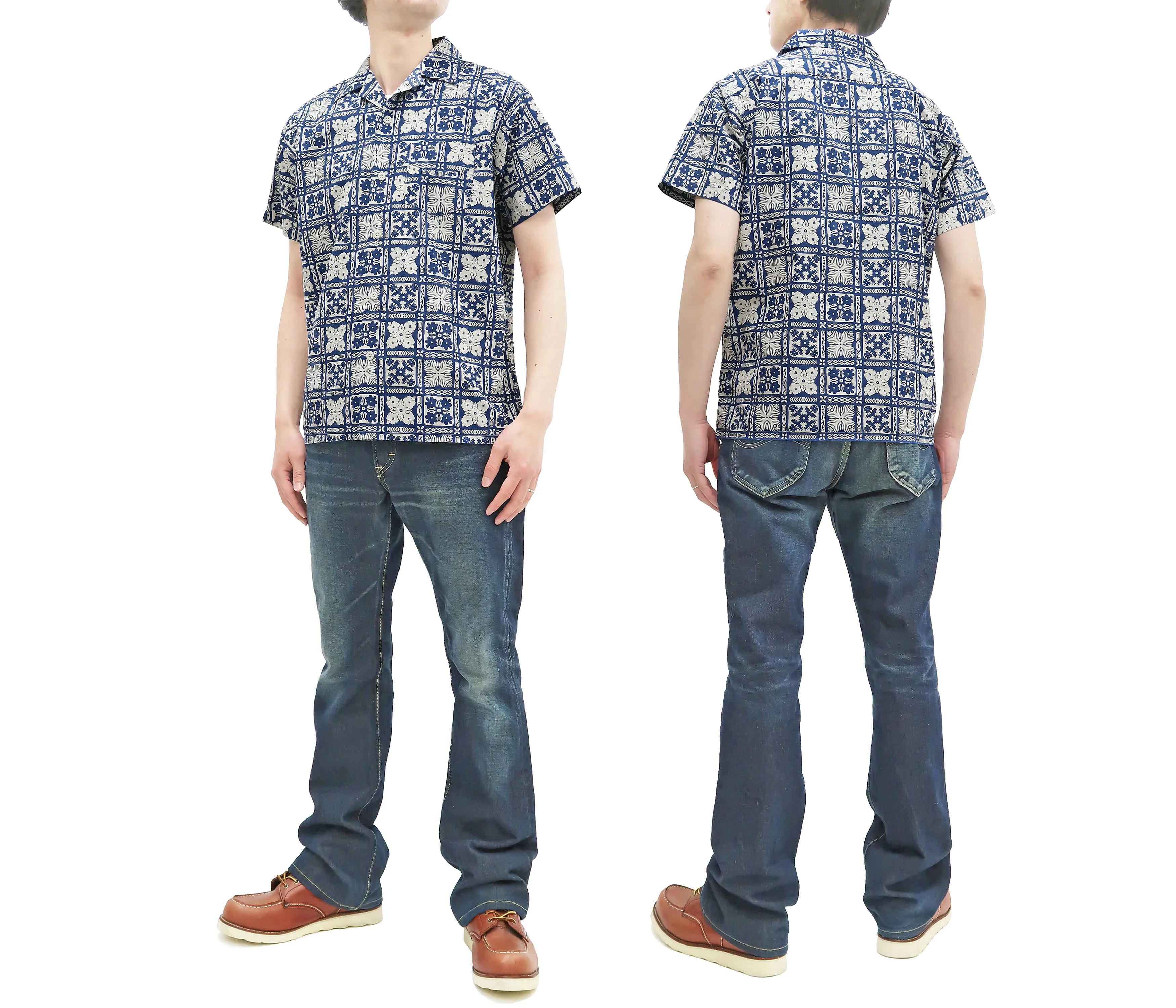 Pherrow's Shirt Men's Short Sleeve Hawaiian Pattern Print Indigo Casual Resort Collar Shirt Pherrows 22S-PIS1