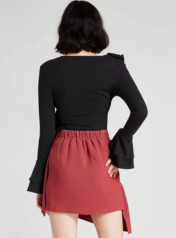 PINK/BLACK ASYMMETRIC RUFFLE WOMEN SHIRTS