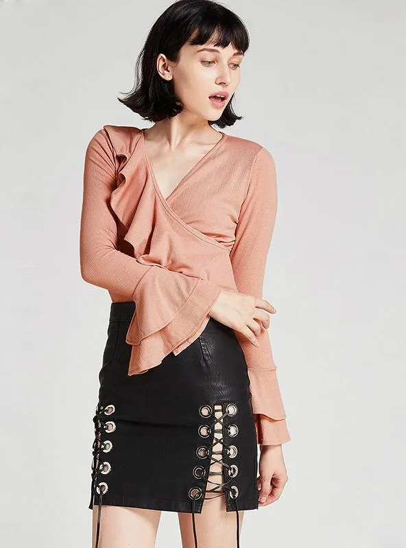 PINK/BLACK ASYMMETRIC RUFFLE WOMEN SHIRTS