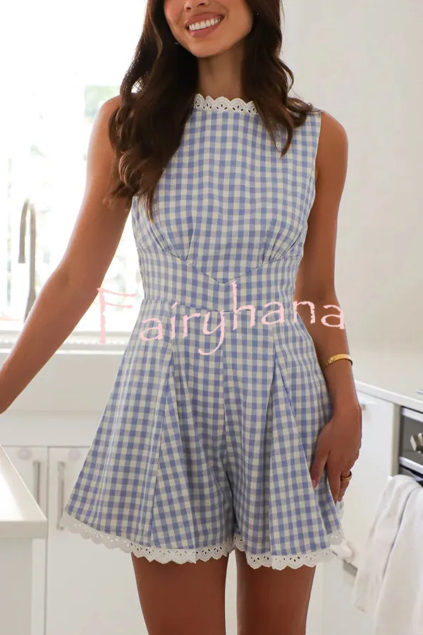 Plaid Print Sleeveless Pleated Waist Casual Rompers