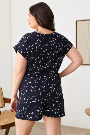 Plus Size Birds Print Short Sleeve Adjustable Belt Warp Rompers