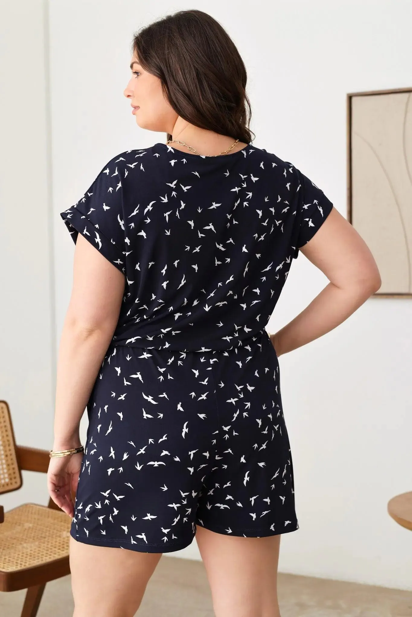 Plus Size Birds Print Short Sleeve Adjustable Belt Warp Rompers
