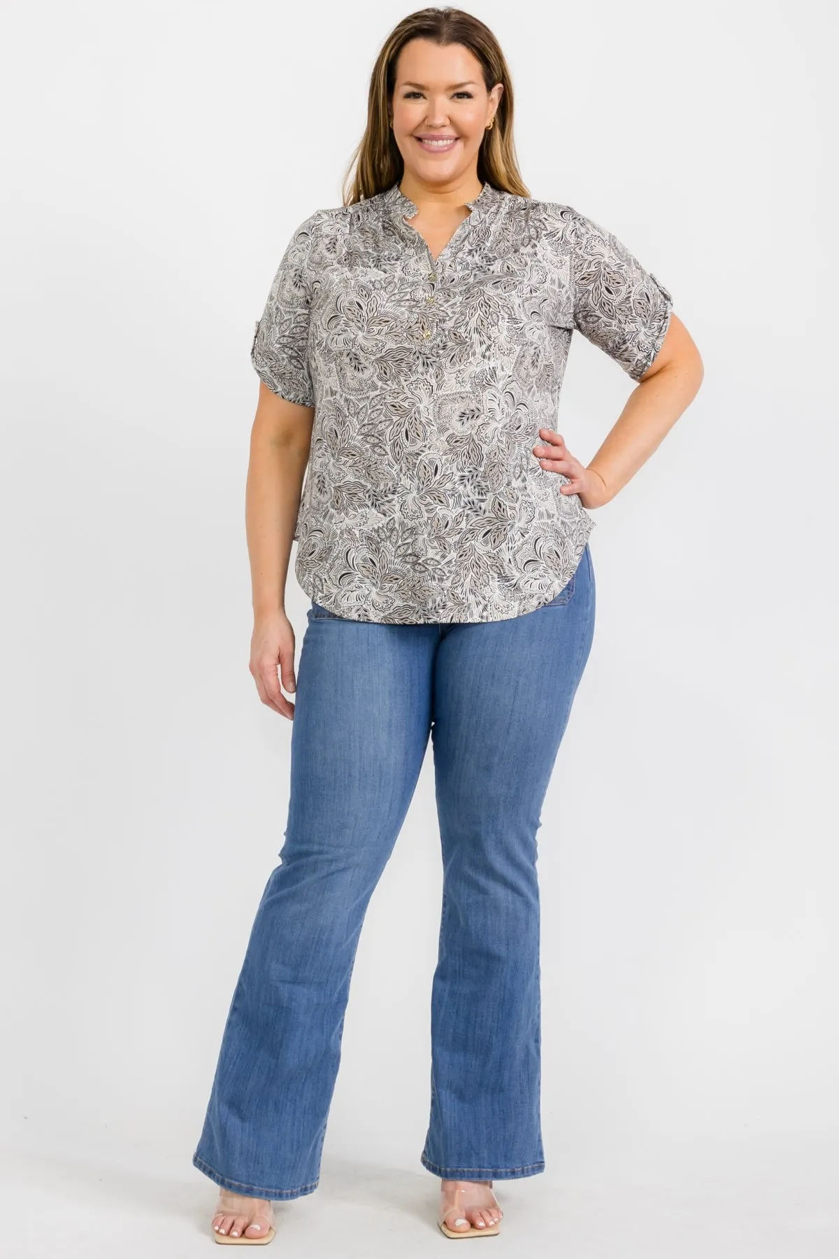 PLUS SOLID BUTTON HALF PLACKET ROLL TAB SLEEVE UTILITY SHIRTS TOP
