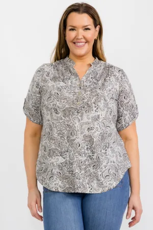 PLUS SOLID BUTTON HALF PLACKET ROLL TAB SLEEVE UTILITY SHIRTS TOP