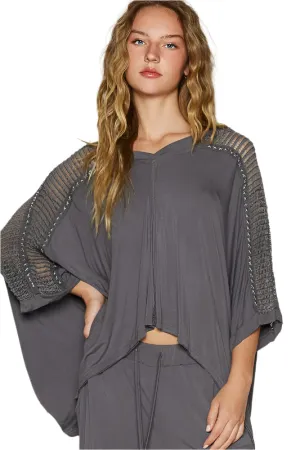 POL Oversize V-Neck Crochet Lace Contrast Studded Top